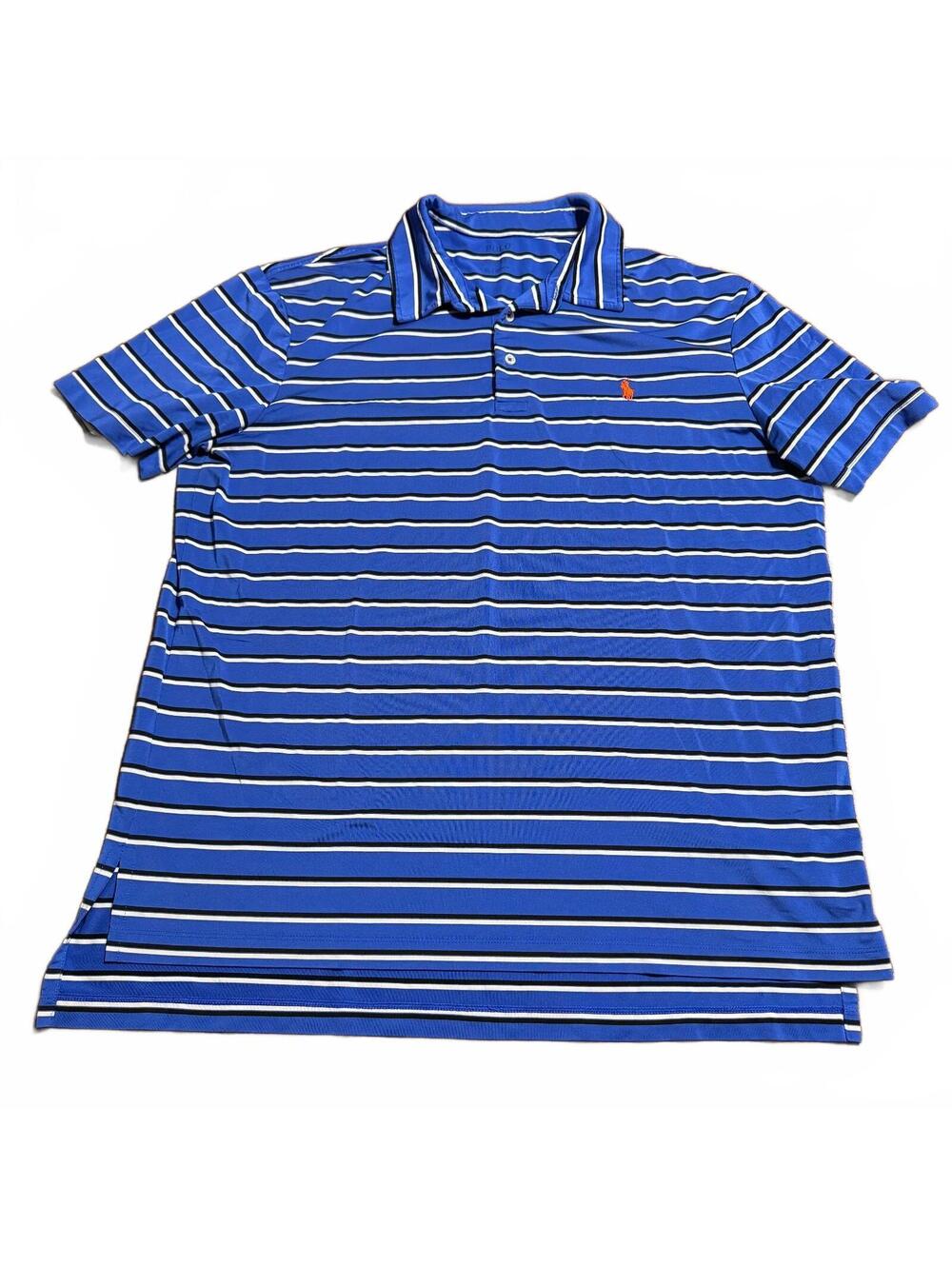 Polo Ralph Lauren Mens Performance Polo Shirt XL Blue Striped Orange Pony Golf
